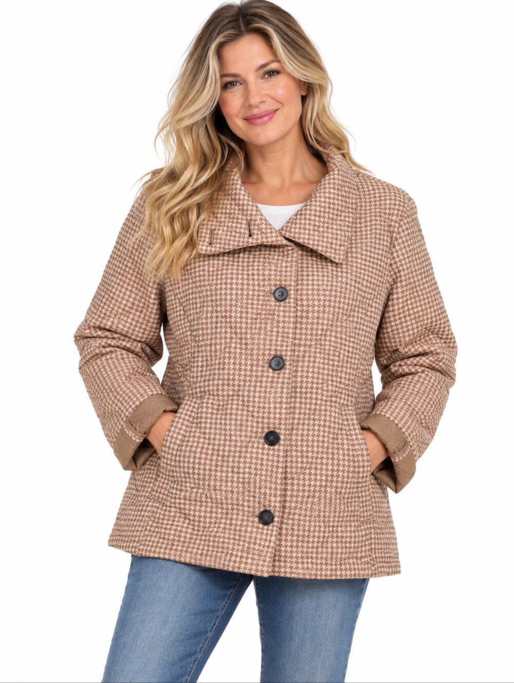 Lands End Quilted Houndstooth Barn Jacket Coat Button Front Tan Size Large Warm